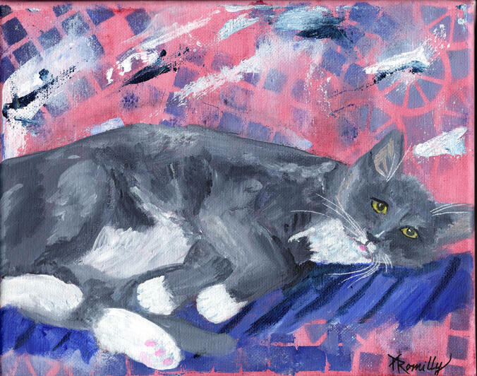 A grey and white kitty shows her pink blep and back toebeans while laying on a blue blanket. a pink and blue abstract background frames her.