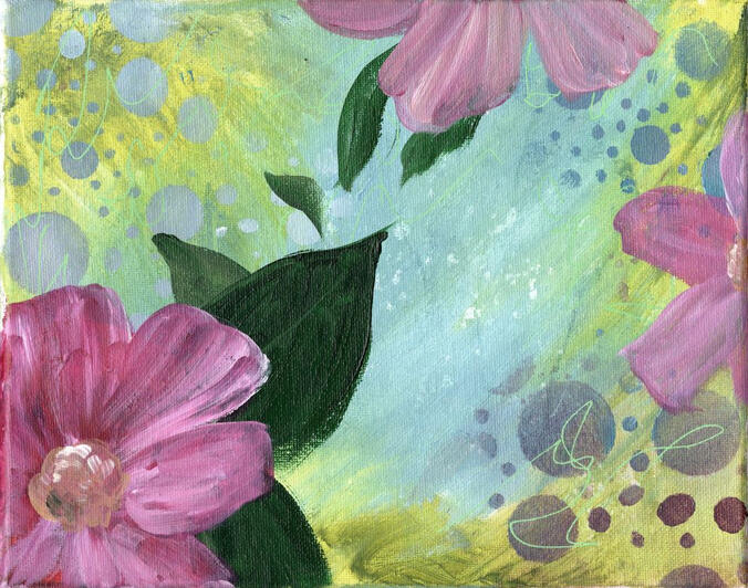 Pink Camellia blossoms scattered on a light teal and spring green abstract background