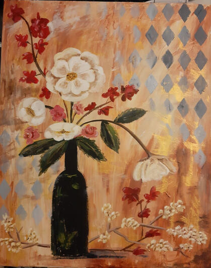 A vase of white peonies and deep burgundy plum blossoms with tiny pink roses in a green vase on a background with gold and silver abstract designs